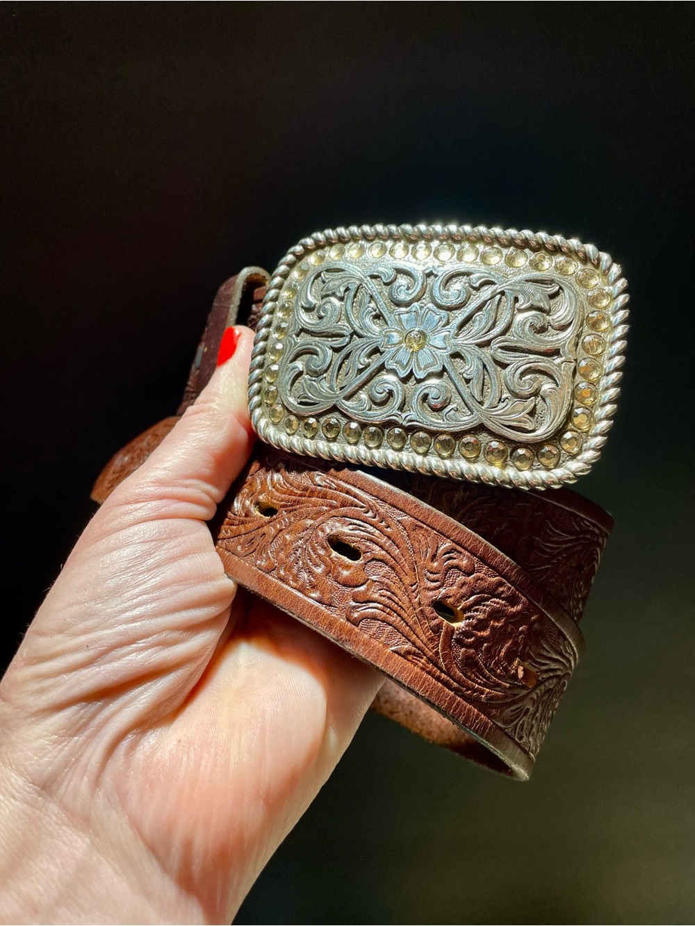 Justin Boots Brown Tooled Leather Belt with Decorative Silver Buckle